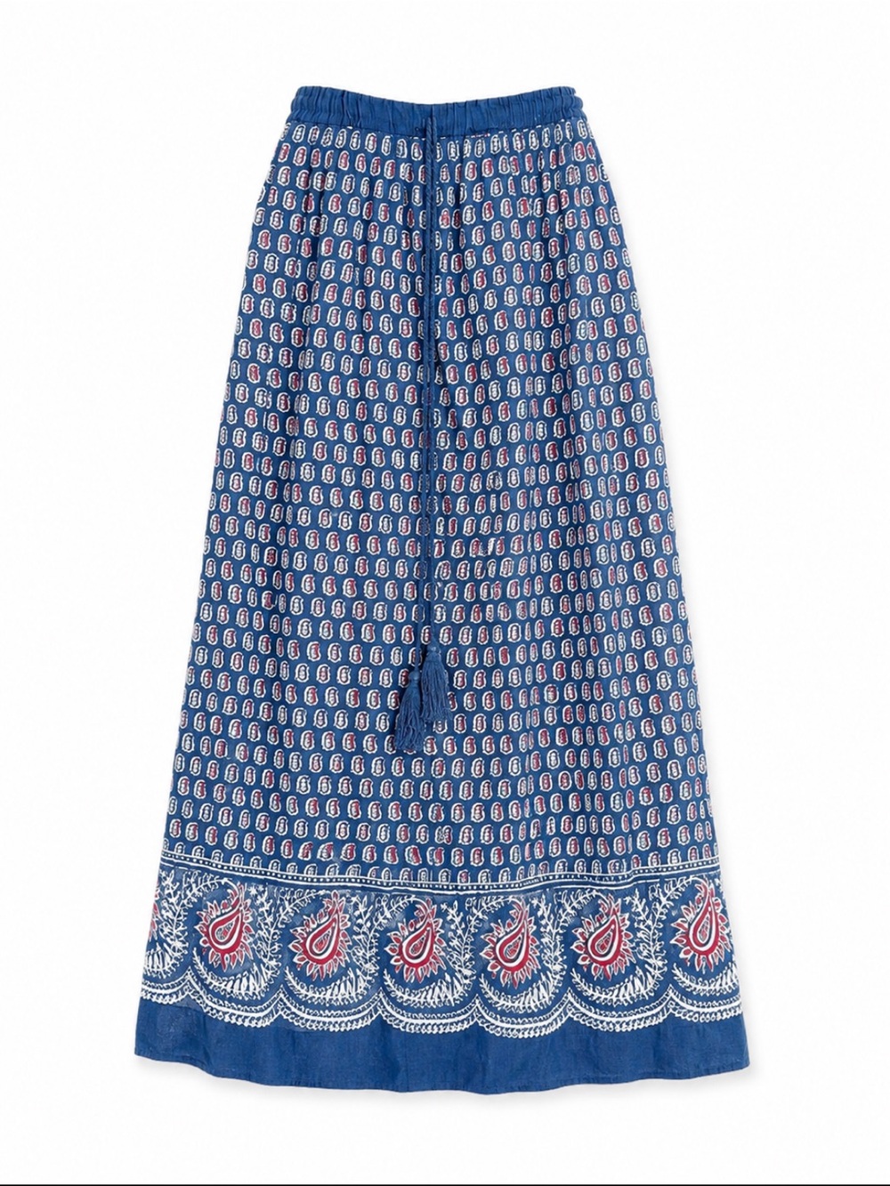 Angie Blue Paisley Boho Maxi Skirt Elastic Waist Tassel Tie Blue New NWT XL